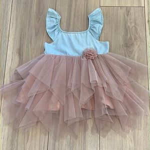 Popatu Fluffy Tulle Flutter Sleeve Blush Pink and Blue Dress